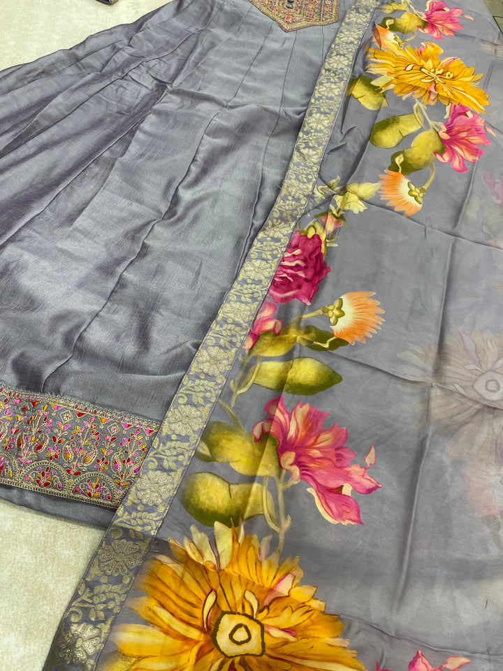 Aaliyah - Lilac embroidered anarkali With with print scarf - 3 Pcs