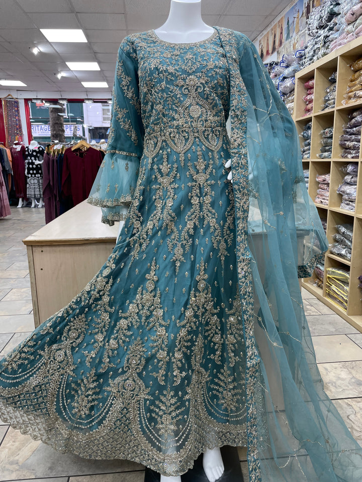 Jannah - Light Teal Heavy Embroidered Net Party Gown with Bell Sleeves/White Gold Embroidered - 3pcs