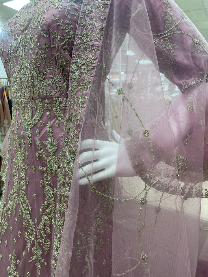 Jannah - Powder Pink Heavy Embroidered Net Party Gown with Bell Sleeves/White Gold Embroidered - 3pcs