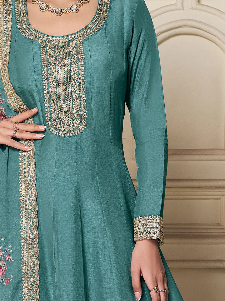 Amal – Teal Chinon Embroidered Anarkali Suit with Scalloped Dupatta - 2pcs