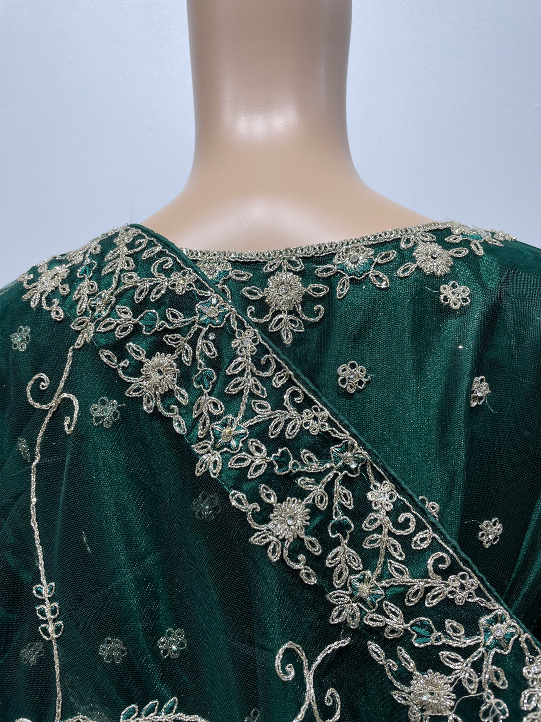 Yusra - Dark Green Heavy Embroidered Net Party Gown with White Gold Embroidered - 3pcs
