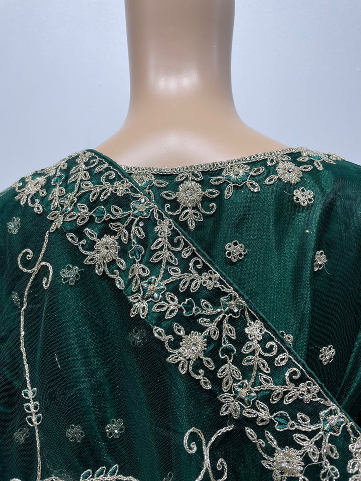 Yusra - Dark Green Heavy Embroidered Net Party Gown with White Gold Embroidered - 3pcs