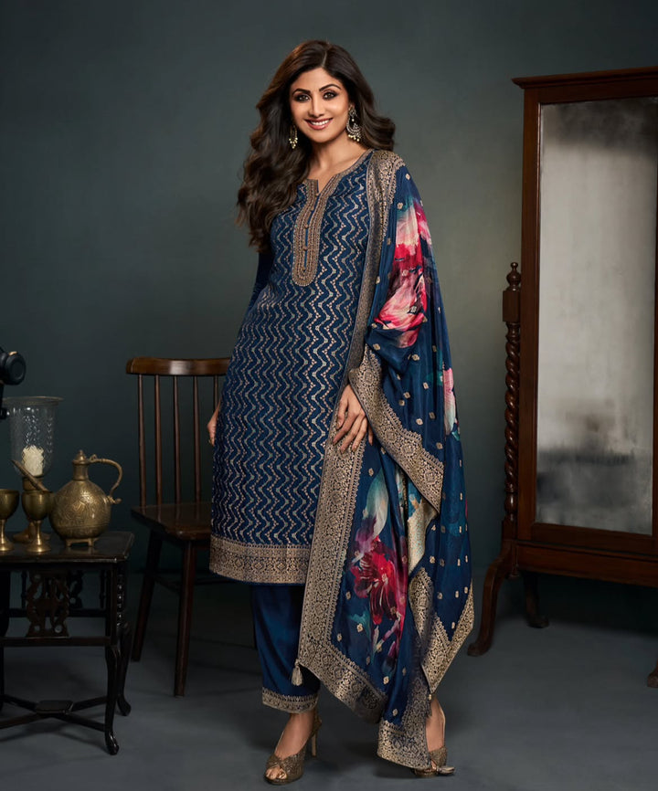 Aleena - Blue Pure Viscose Dola with Embroidery Work & Digital Print Scarf - 3 Pcs
