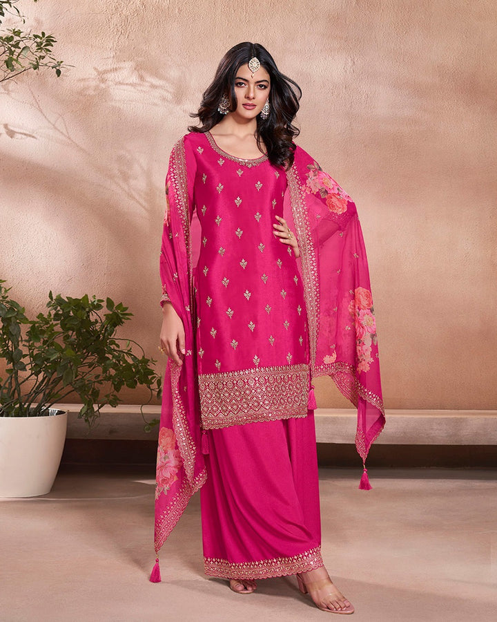 Mahira – Cerise Pink Sequins Embroidered Kurti Plazo Set with Digital Floral Dupatta – 3 Pcs