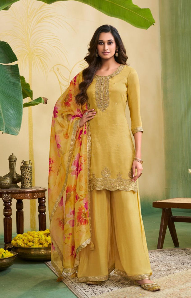 Elham – Mustard Masoori Embroidered Suit Set with Printed Dupatta - 3pcs