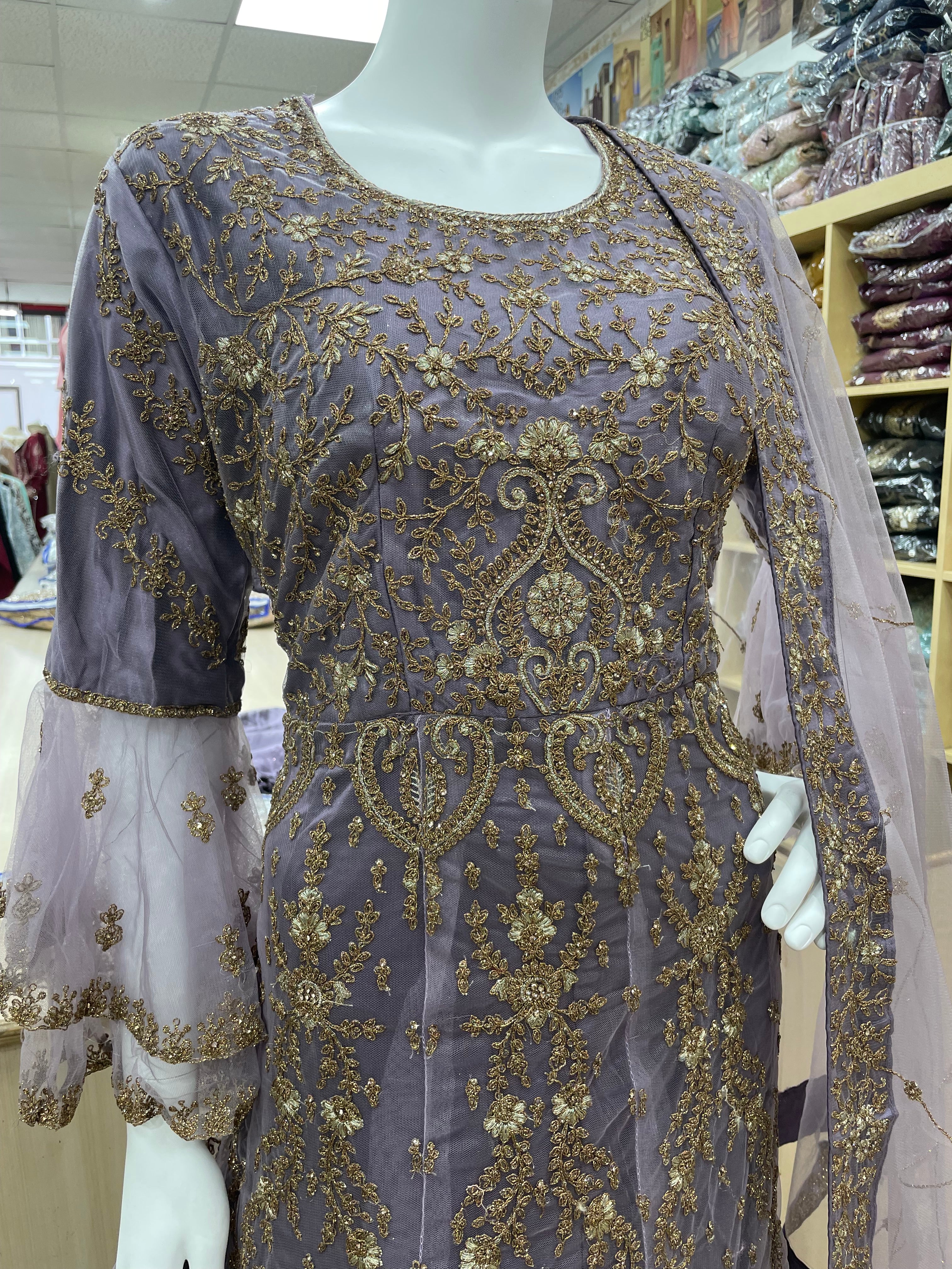 Lavender Heavy Embroidered Gown with Bell Sleeves - Copper Embroiderey