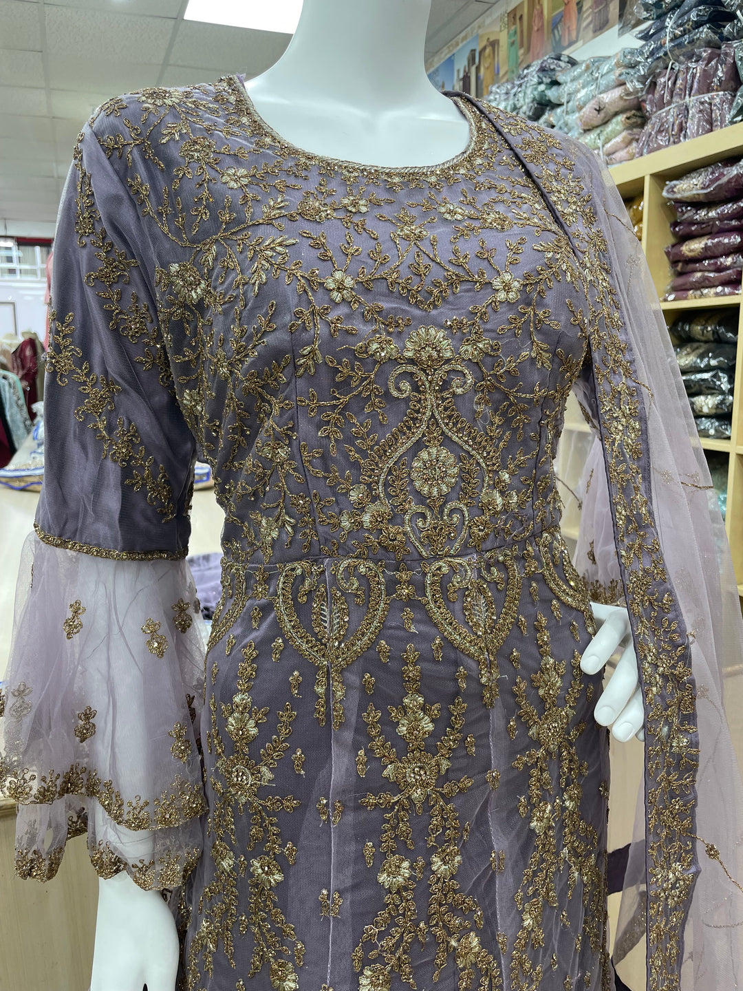 Jannah - Lavender Heavy Embroidered Net Party Gown with Bell Sleeves/Copper Gold Embroidered - 3pcs