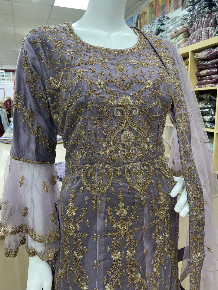 Jannah - Lavender Heavy Embroidered Net Party Gown with Bell Sleeves/Copper Gold Embroidered - 3pcs
