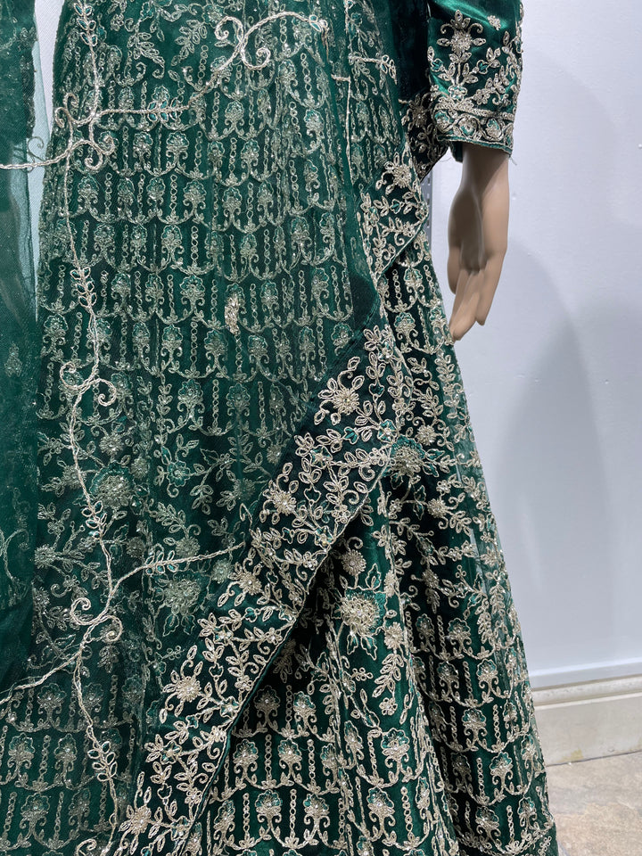 Yusra - Dark Green Heavy Embroidered Net Party Gown with White Gold Embroidered - 3pcs