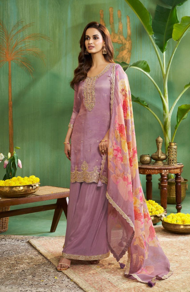 Elham – Lavender Masoori Embroidered Suit Set with Printed Dupatta - 3pcs