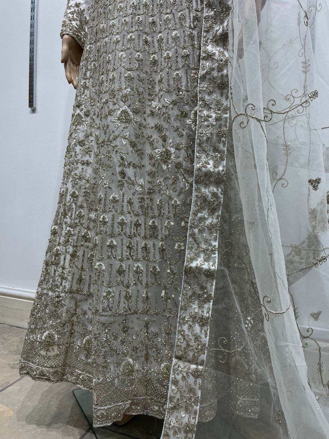 Yusra - Turquoise Heavy Embroidered Net Party Gown with White Gold Embroidered - 3pcs