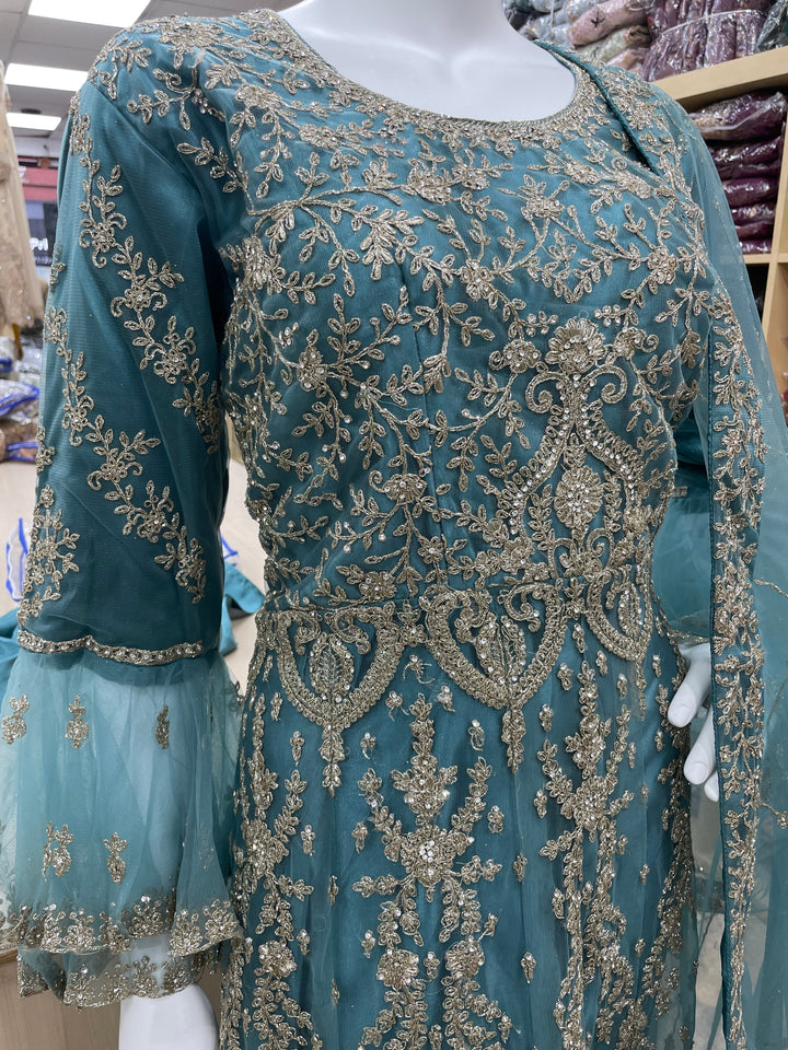 Jannah - Light Teal Heavy Embroidered Net Party Gown with Bell Sleeves/White Gold Embroidered - 3pcs