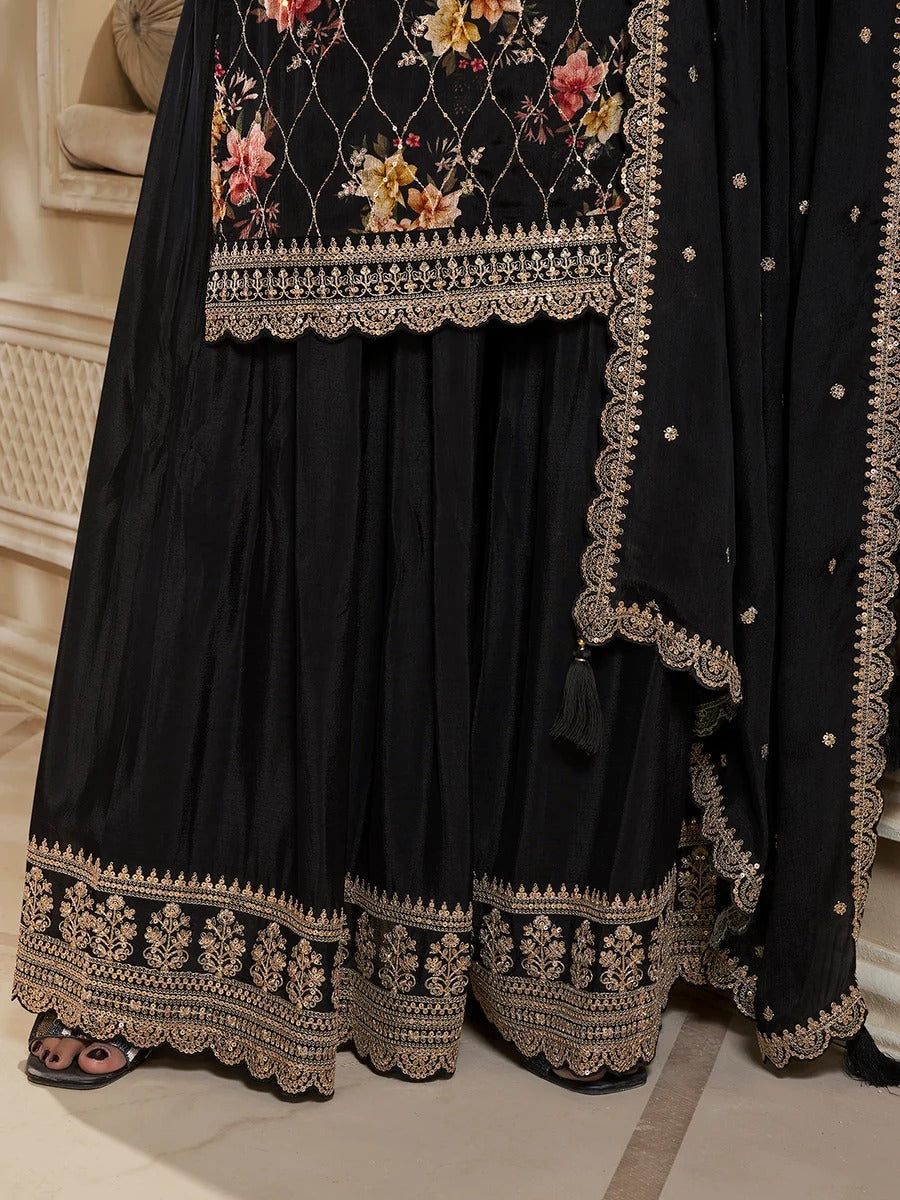 Jawaria – Black Digital Floral Printed Embroidered Sharara Suit Set – 3 Pcs