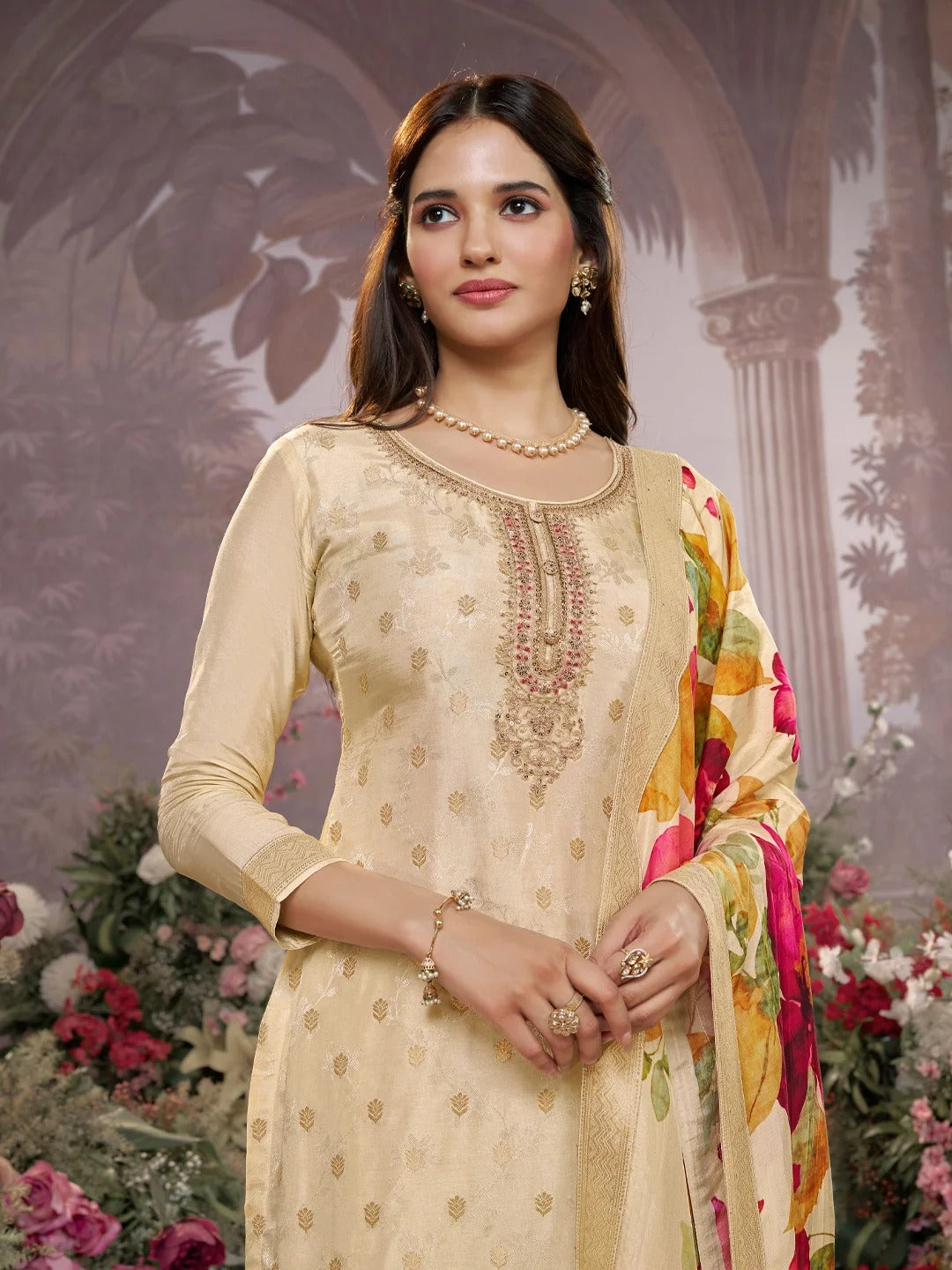 Farah – Off White Dola Silk Jacquard & Embroidery Sharara Set with Digital Print Dupatta – 3 Pcs