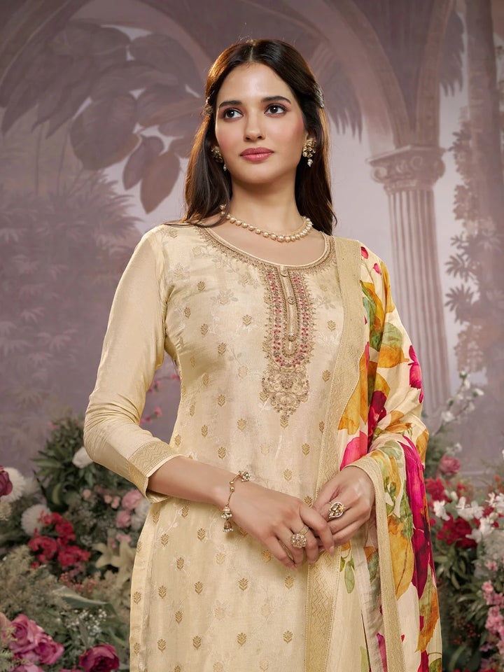 Farah – Off White Dola Silk Jacquard & Embroidery Sharara Set with Digital Print Dupatta – 3 Pcs