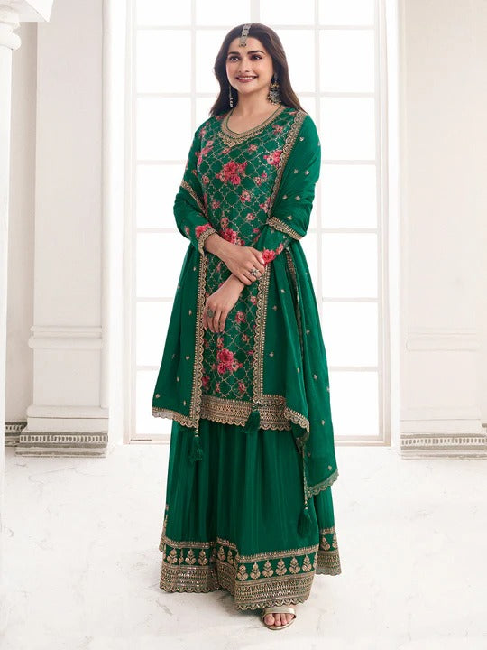 Jawaria – Green Digital Floral Printed Embroidered Sharara Suit Set – 3 Pcs