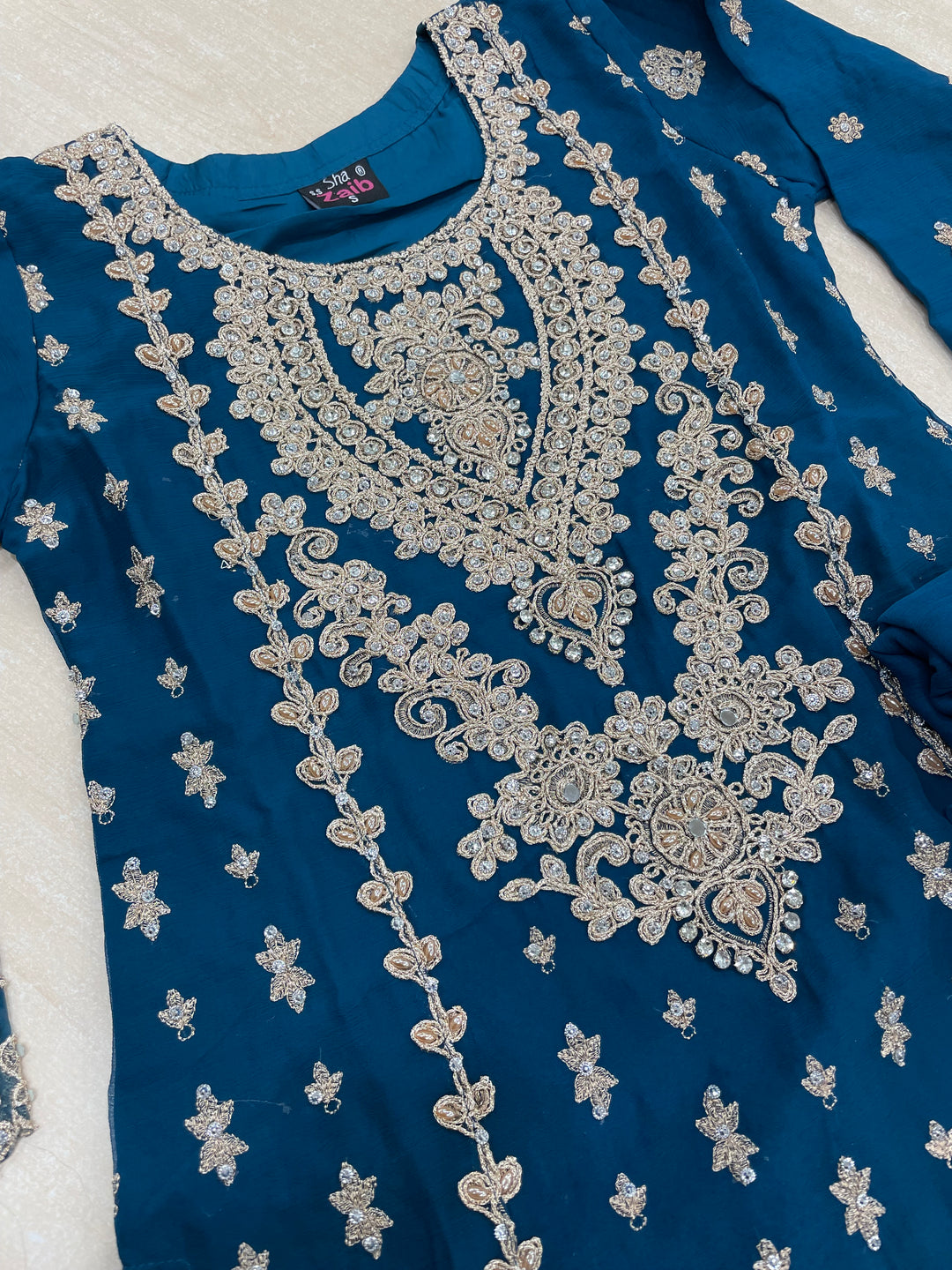 Aisha - Teal embroidered Plazo - Rose Gold Embroidered & Gem work - 3Pcs