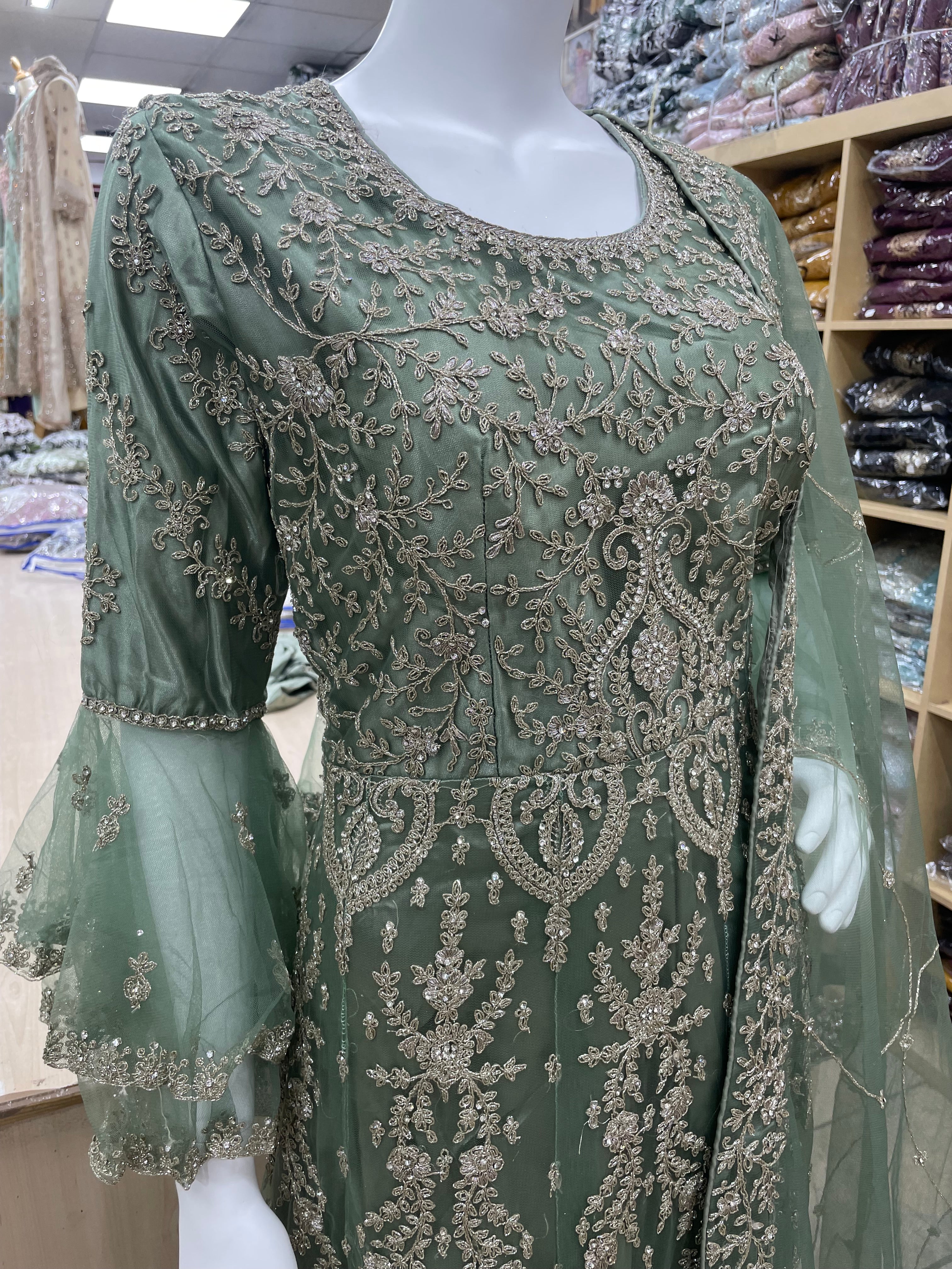 Sage Green Heavy Embroidered Gown with Bell Sleeve