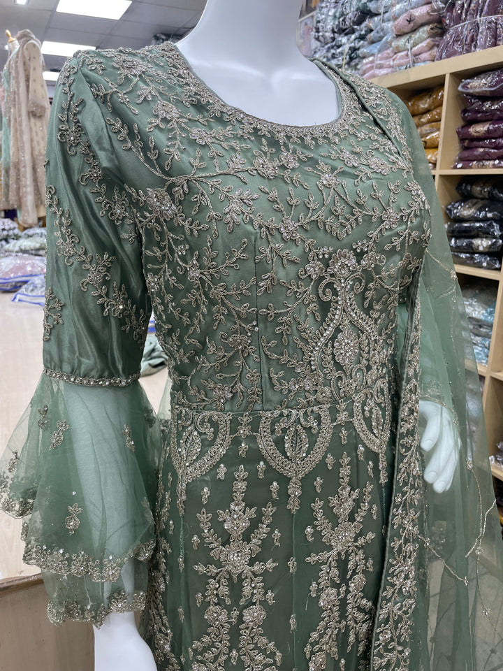 Jannah - Sage Green Heavy Embroidered Net Party Gown with Bell Sleeves/White Gold Embroidered - 3pcs