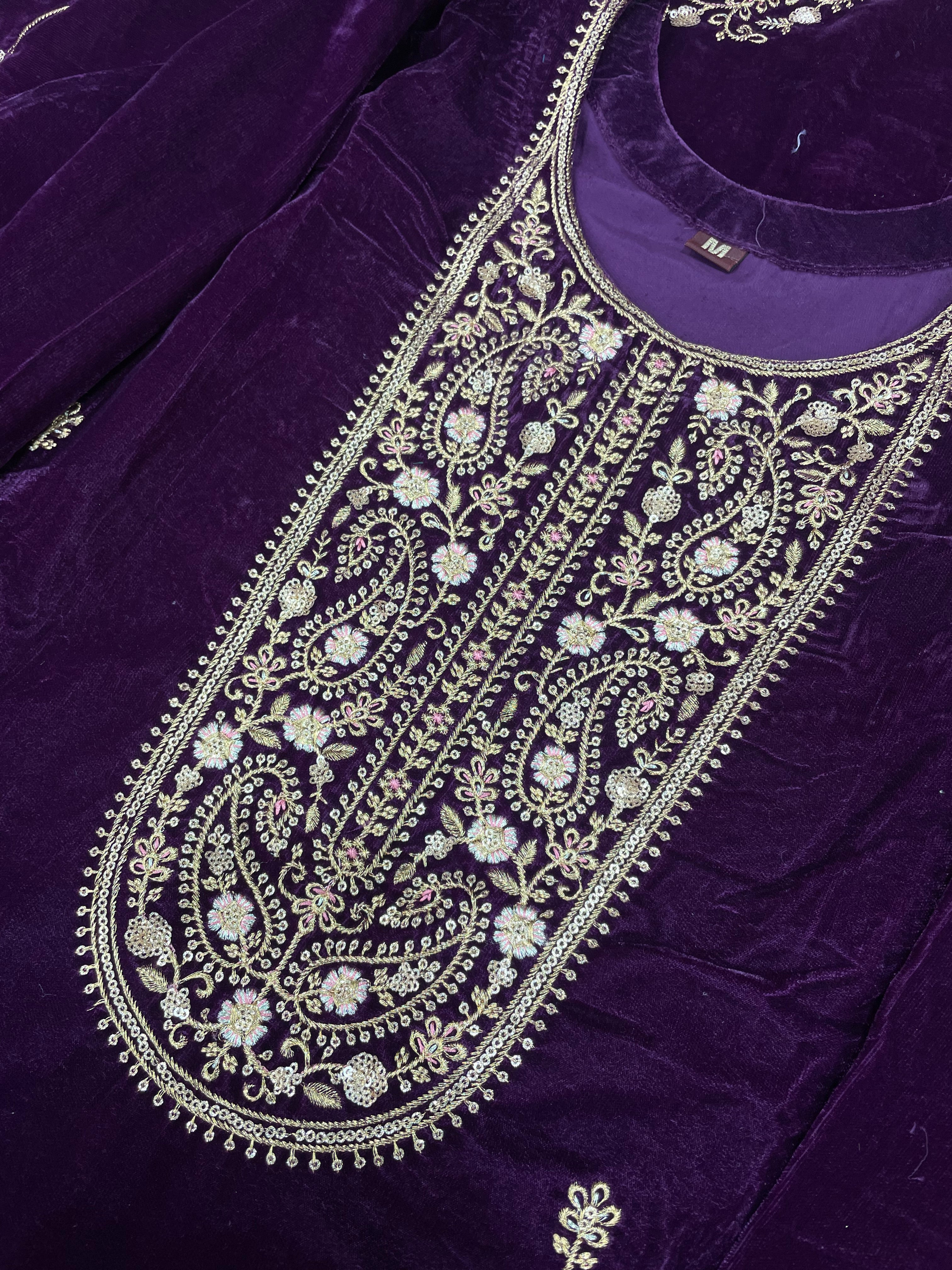 D2- Purple Velvet Kameez - Embroidered & Gem work - 3Pcs