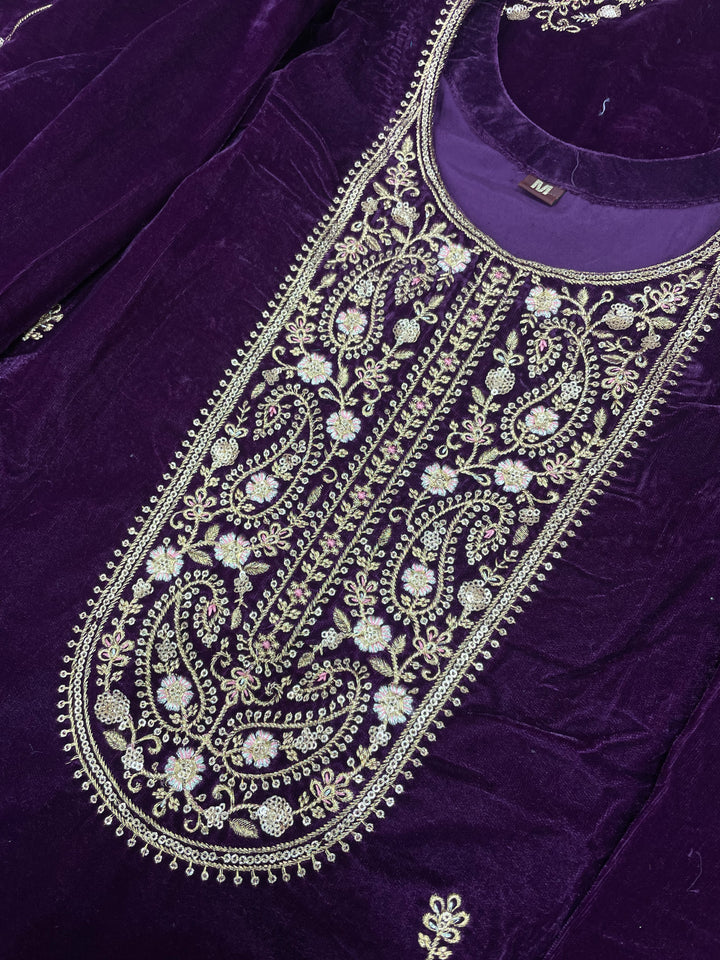 Qamar - Purple Velvet Kameez - Embroidered & Gem work - 3Pcs