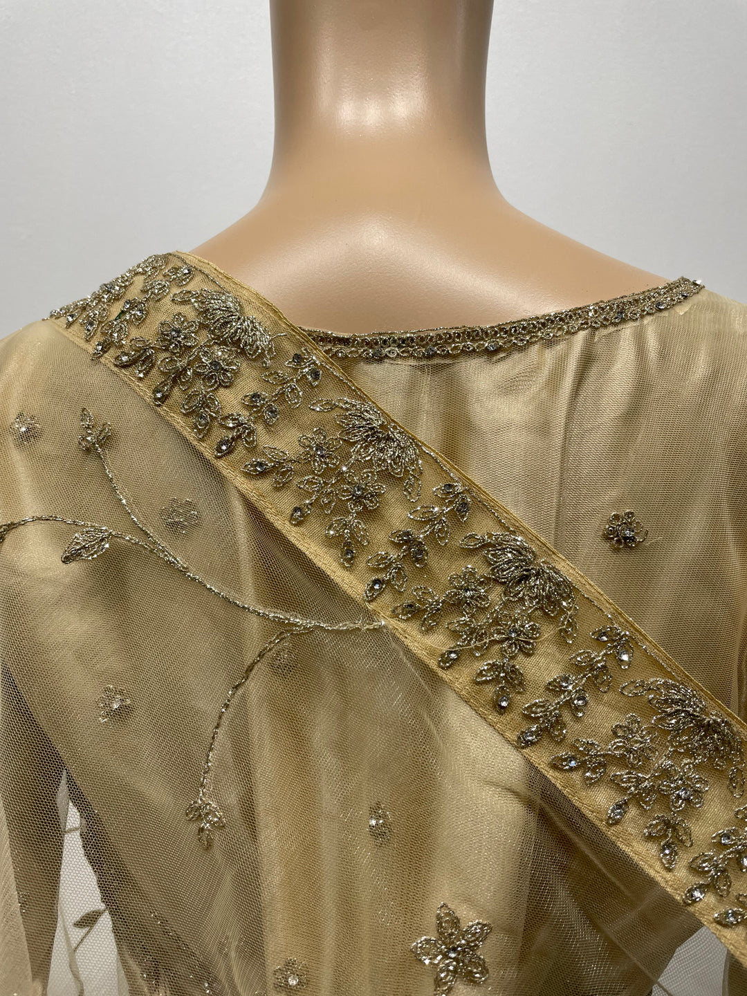 Safiya - Champagne Gold Heavy Embroidered Net Gown with Net Scarf - 3pcs