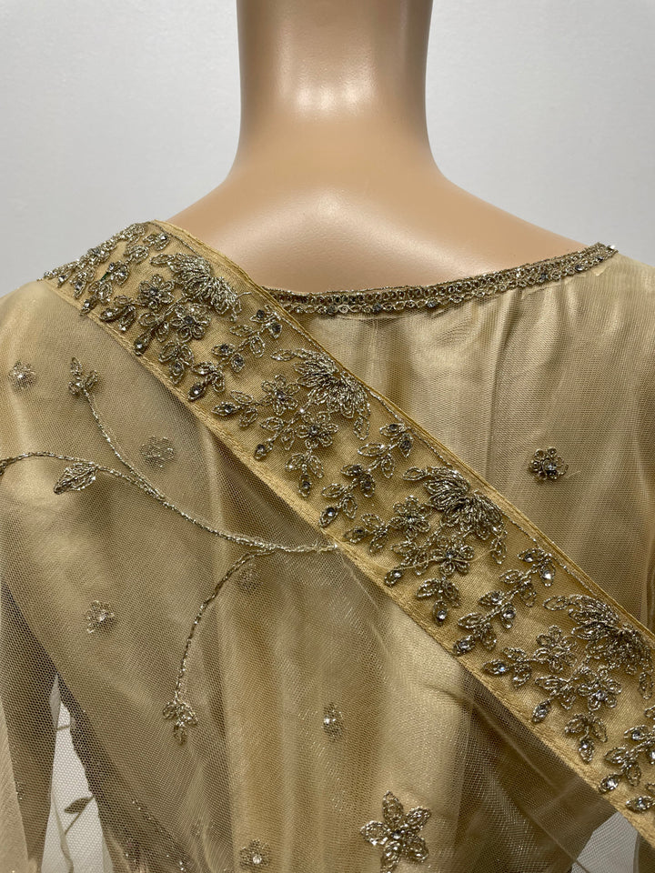 Safiya - Champagne Gold Heavy Embroidered Net Gown with Net Scarf - 3pcs