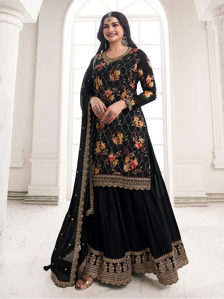 Jawaria – Black Digital Floral Printed Embroidered Sharara Suit Set – 3 Pcs