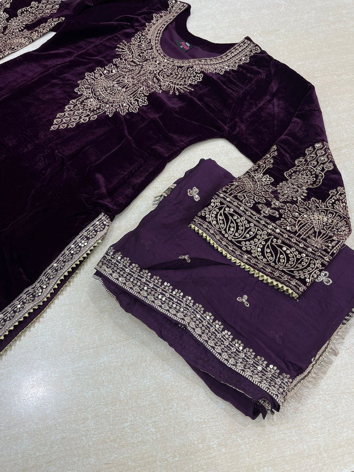 Zayrah - Purple Velvet Kameez with Plazo - Embroidered & Gem work - 3Pcs
