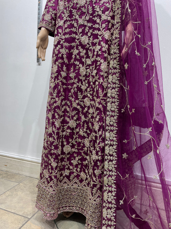 Safiya - Purple Heavy Embroidered Net Gown with Net Scarf - 3pcs