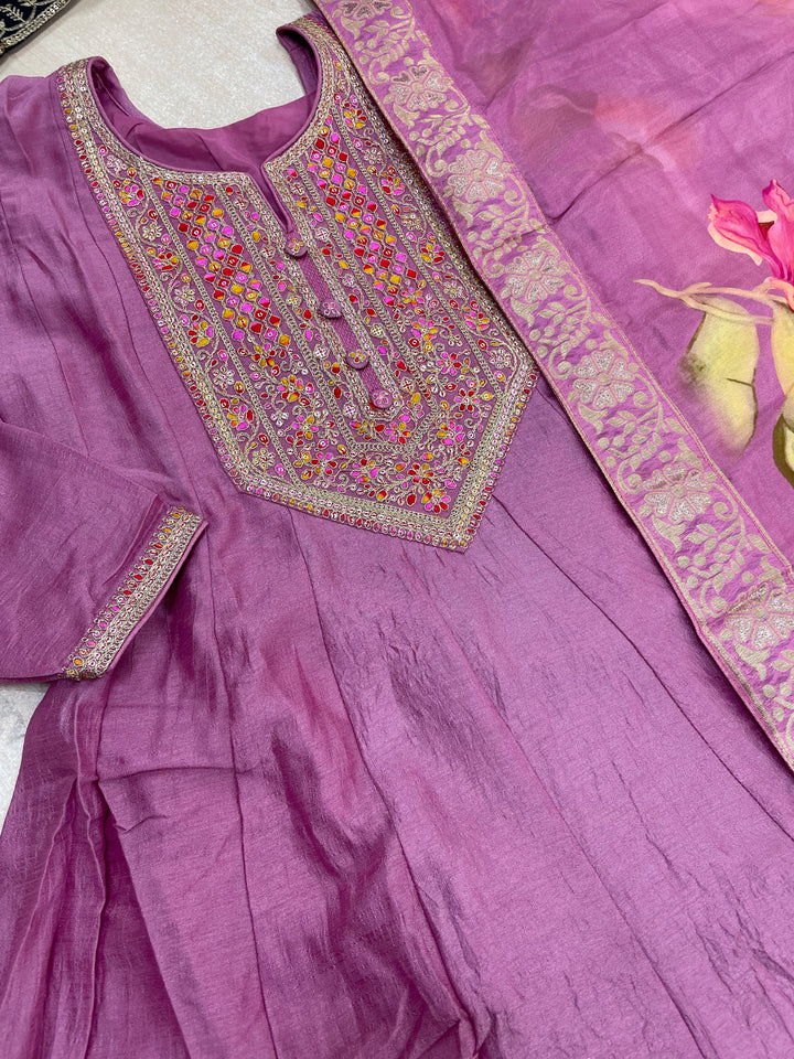 Aaliyah - Pink embroidered anarkali With with print scarf - 3 Pcs