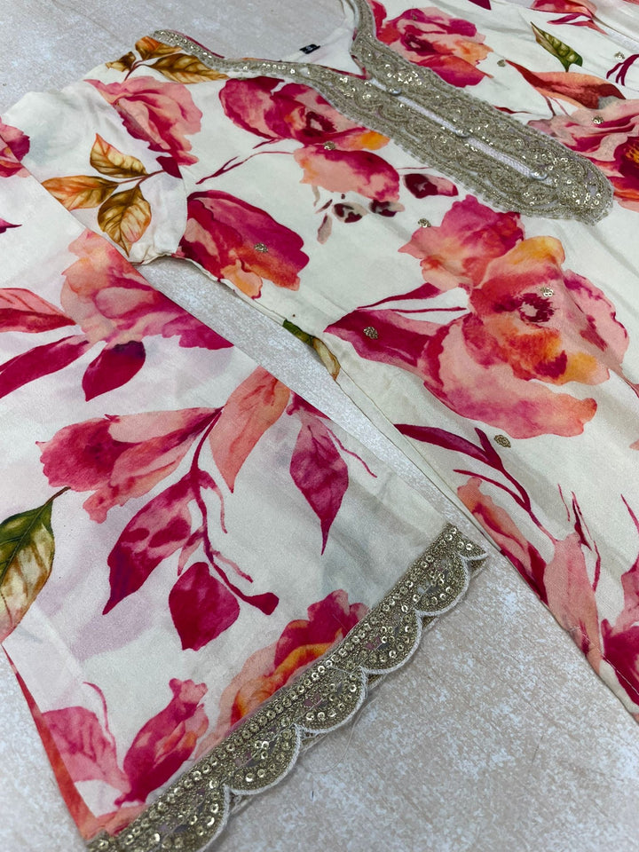 Nura - Cream - Pure Silk Printed Plazo Kameez with Georgette Dupatta - Co-ord - 3pcs