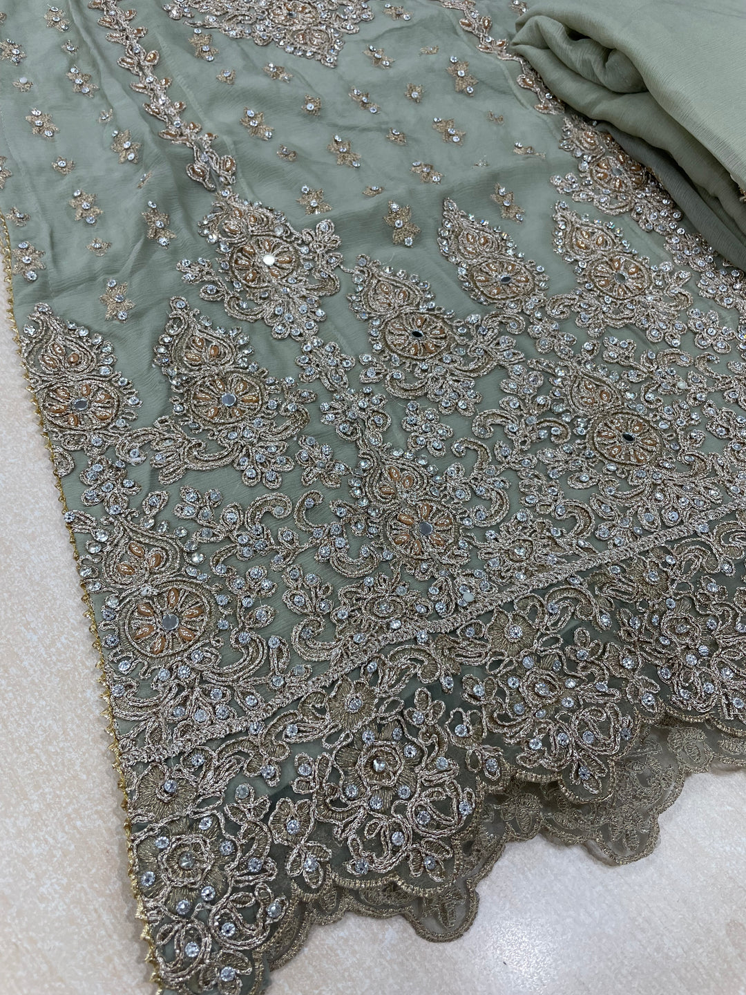 Aisha - Sage Green embroidered Plazo - Rose Gold Embroidered & Gem work - 3Pcs