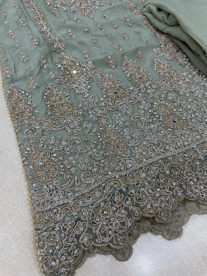 Aisha - Sage Green embroidered Plazo - Rose Gold Embroidered & Gem work - 3Pcs