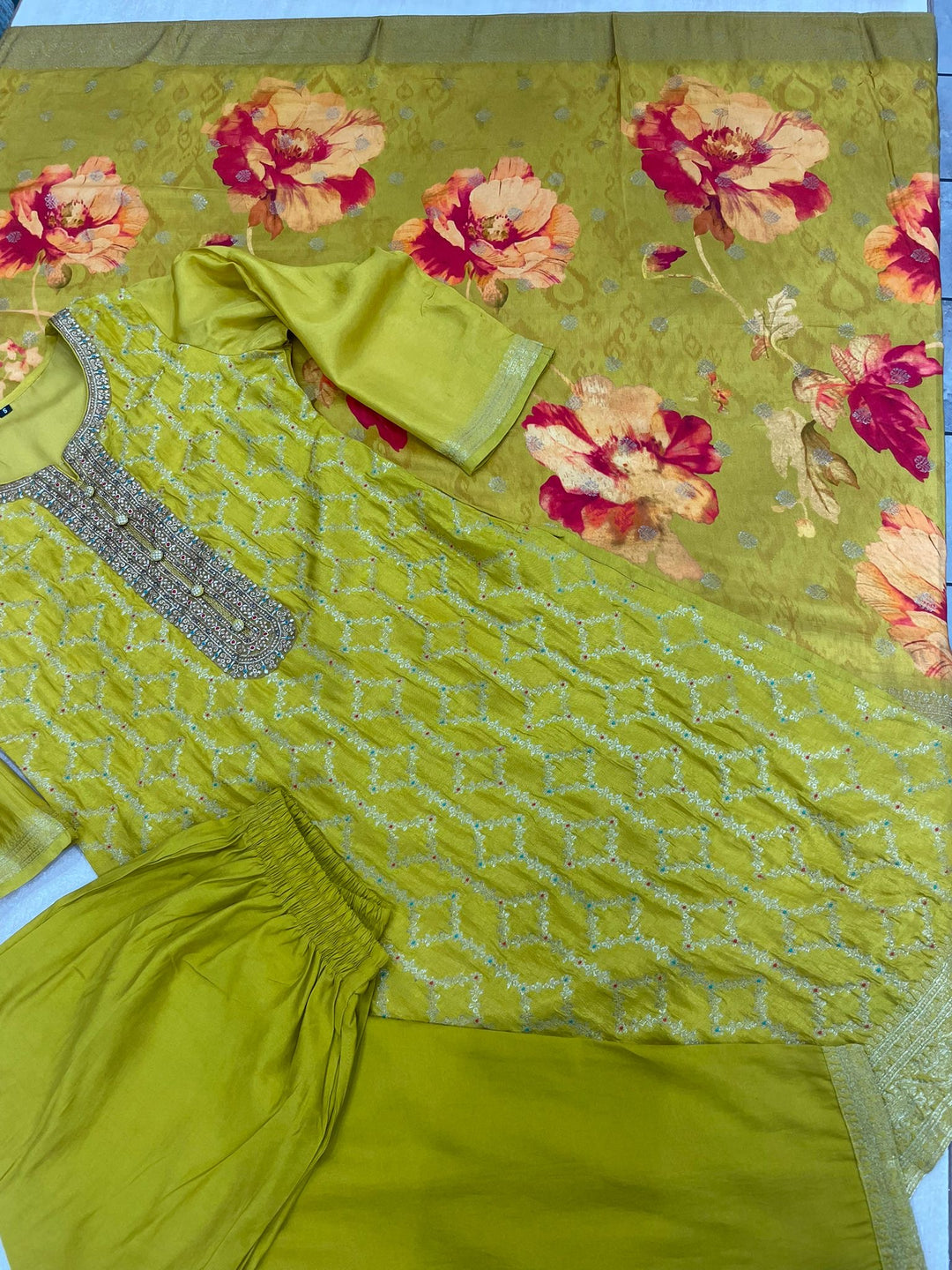 Aleena -Mustard Yellow Pure Viscose Dola with Embroidery Work & Digital Print Scarf - 3 Pcs