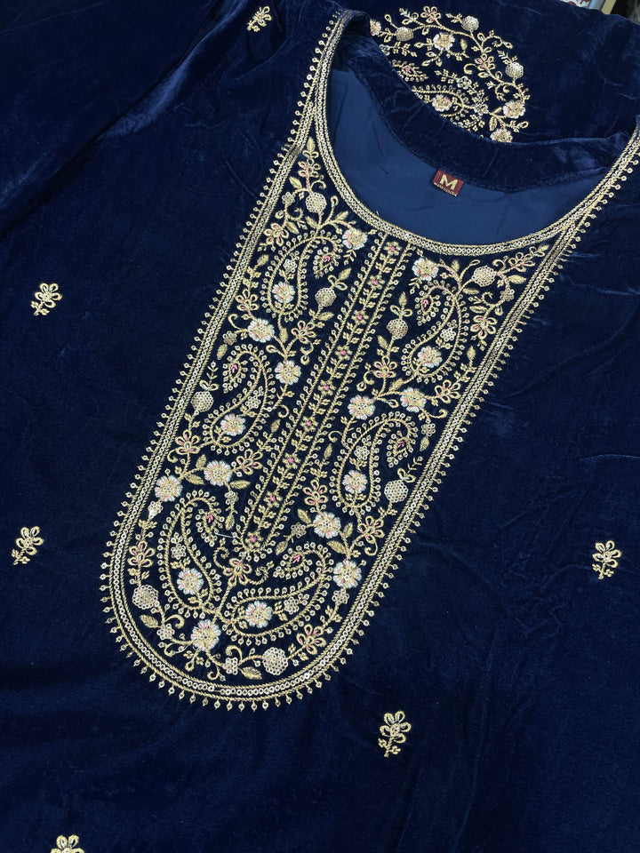 Qamar - Blue Velvet Kameez - Embroidered & Gem work - 3Pcs