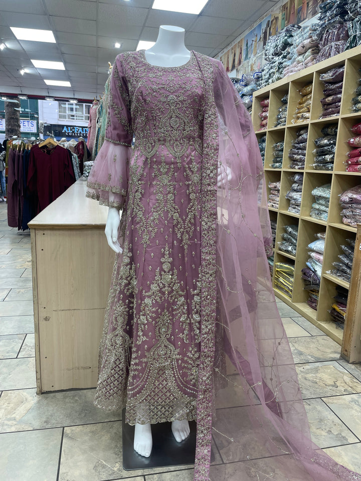 Jannah - Powder Pink Heavy Embroidered Net Party Gown with Bell Sleeves/White Gold Embroidered - 3pcs