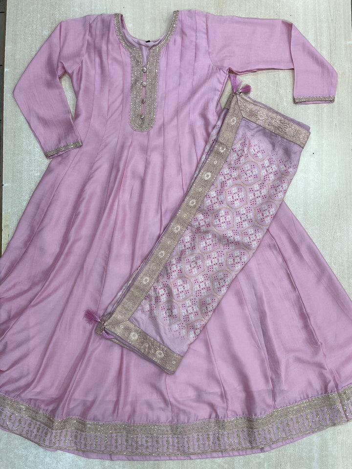 Aasma - Pink Bhagalpuri Silk Frock with Digital Print Dupatta - 2pcs