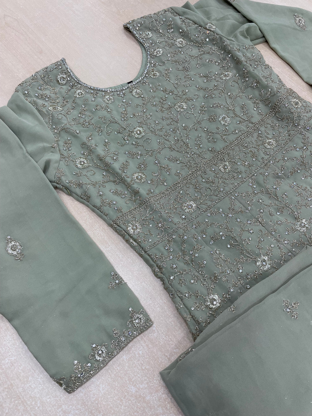 Amani - Sage Green Heavy Embroidered Chiffon Gown - White Gold Embroidery - 3pcs