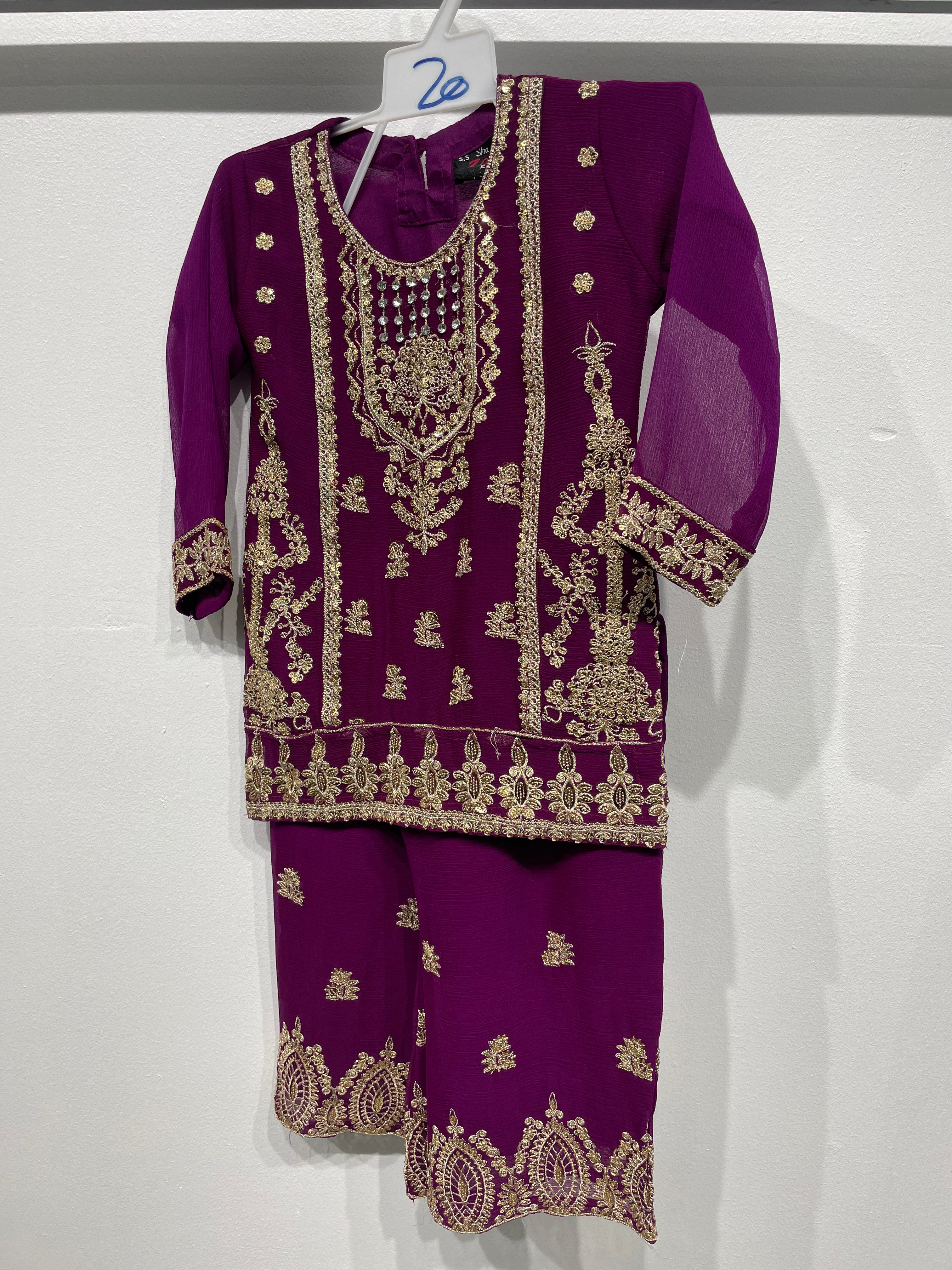 Light Purple Chiffon Plazo - Gold Embroidery - 3Pc