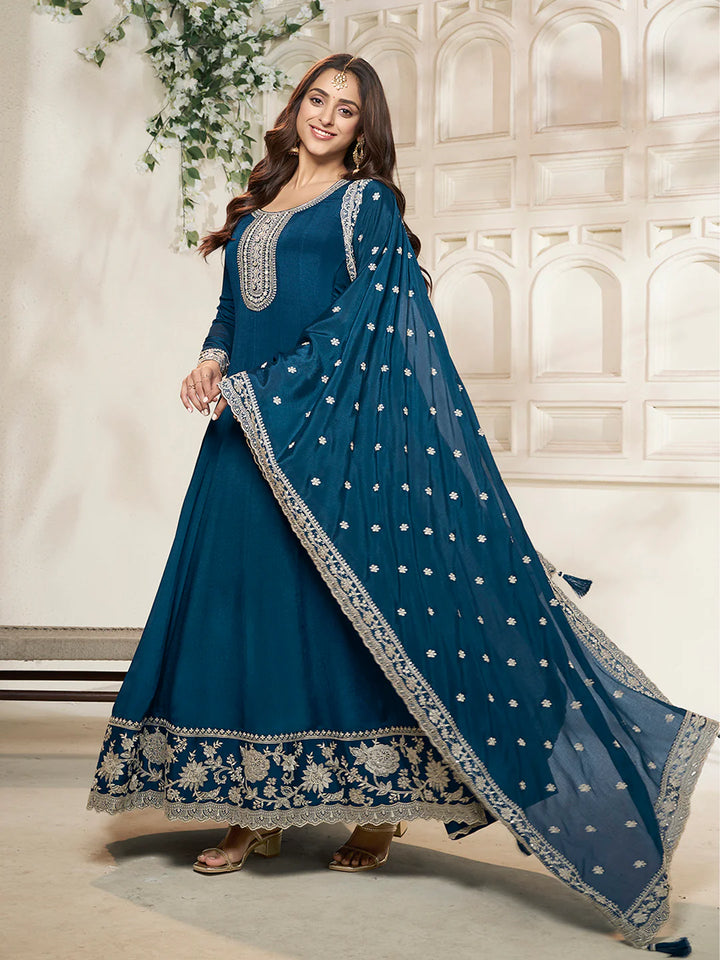 Nureh – Blue Chinon Embroidered Anarkali Suit with Scalloped Dupatta - 2pcs