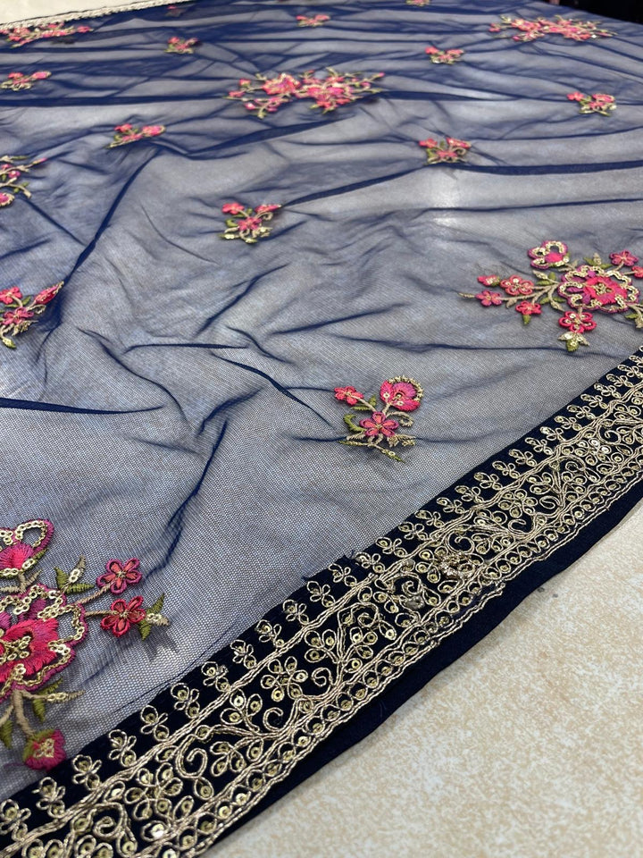 Marwah - Navy Blue Embroidered Anarkali with Net Dupatta - 3 Pcs