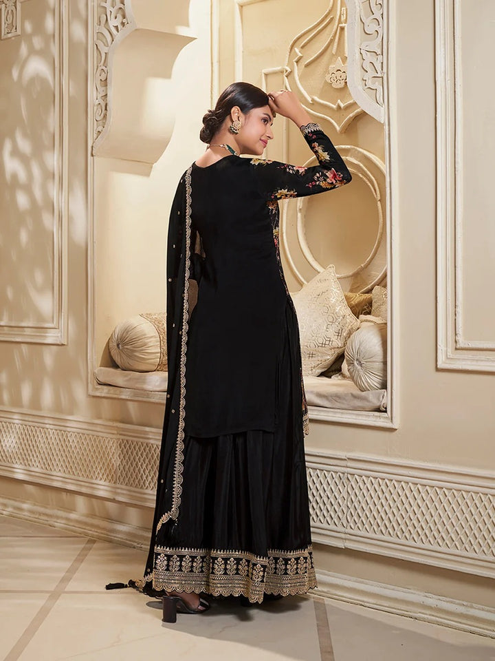 Jawaria – Black Digital Floral Printed Embroidered Sharara Suit Set – 3 Pcs