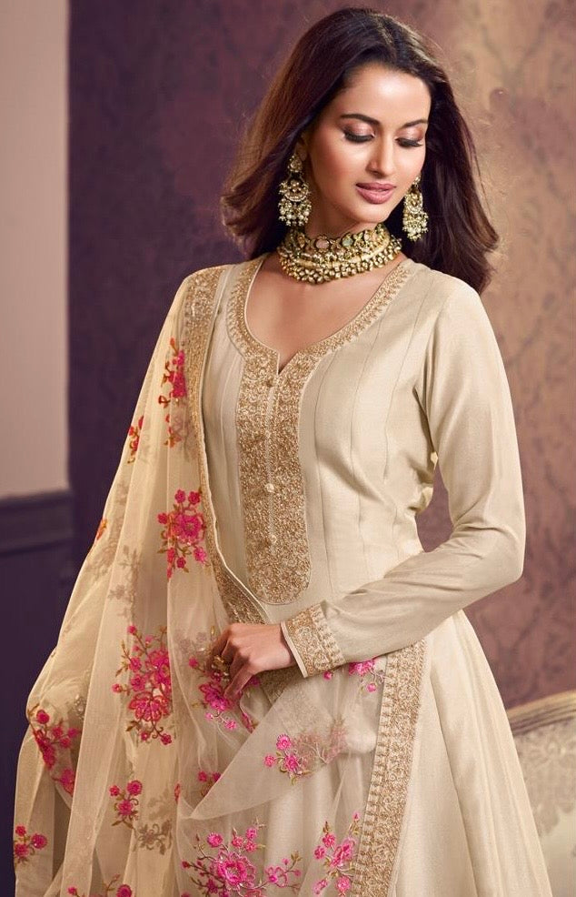 Marwah - Cream Embroidered Anarkali with Net Dupatta - 3 Pcs
