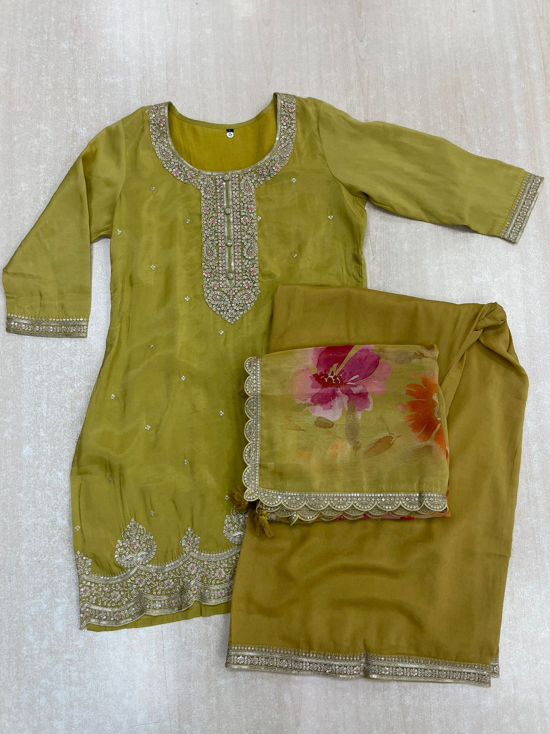 Elham – Mustard Masoori Embroidered Suit Set with Printed Dupatta - 3pcs