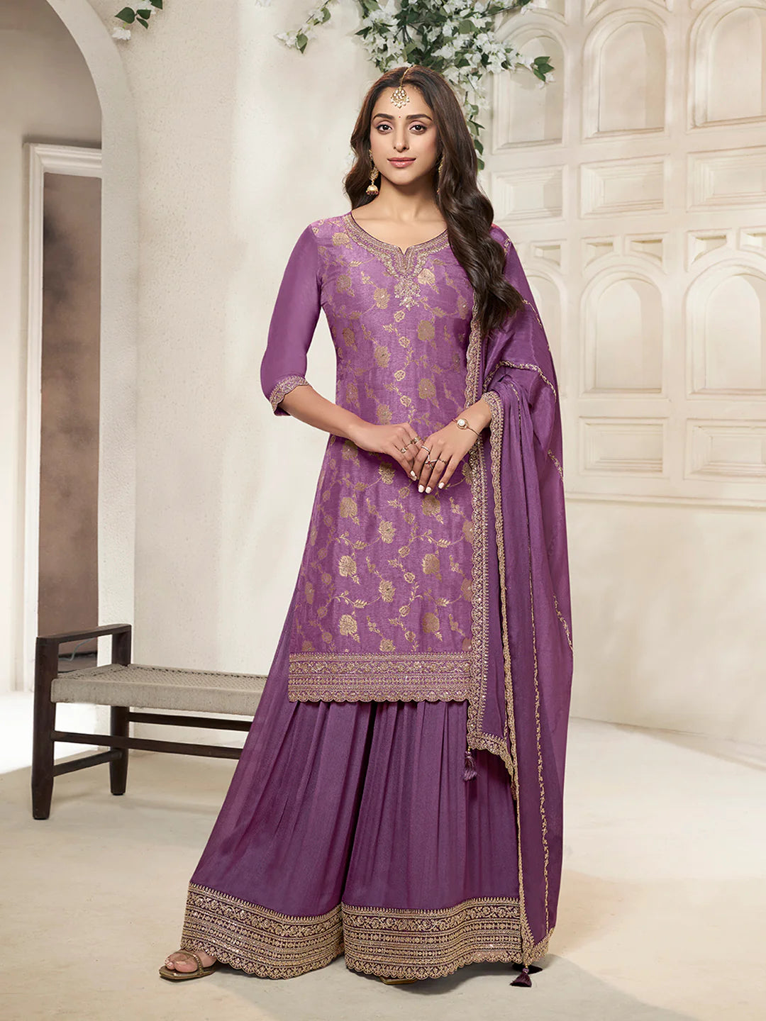 Sareen – Lavender Dola Silk Embroidered Straight Kurta with Sequinned plazo Dupatta – 3 Pcs