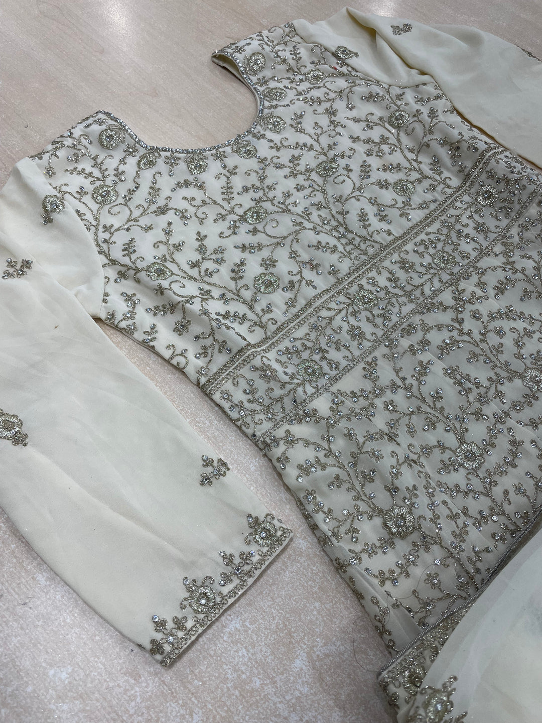 Amani - Off White Heavy Embroidered Chiffon Gown - White Gold Embroidery - 3pcs