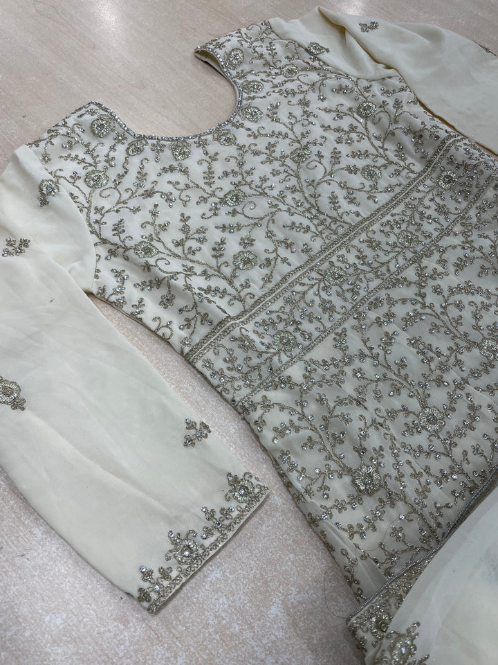 Amani - Off White Heavy Embroidered Chiffon Gown - White Gold Embroidery - 3pcs