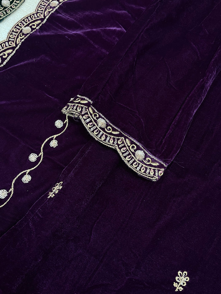 Qamar - Purple Velvet Kameez - Embroidered & Gem work - 3Pcs