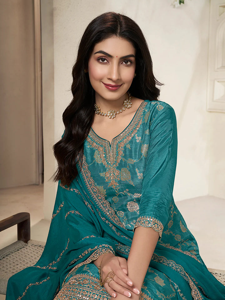 Sareen – Teal Dola Silk Embroidered Straight Kurta with Sequinned plazo Dupatta – 3 Pcs
